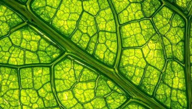 Microscopic view of green plant cells structure with chloroplasts and cell walls