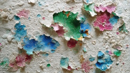 Peeling paint reveals vibrant colors on a textured, weathered surface.
