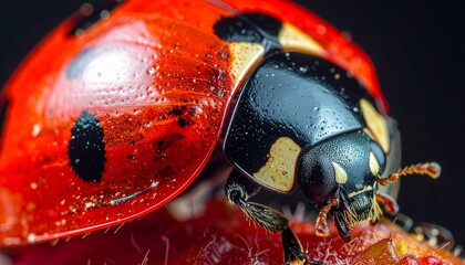 Macro detail of red ladybug shell with black spots and texture