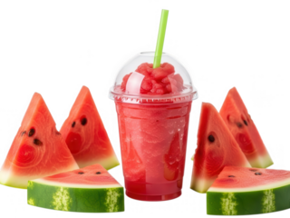 Refreshing watermelon smoothie in a plastic cup on transparent background