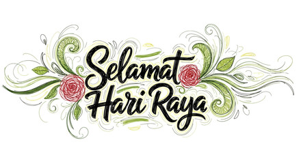 Selamat Hari Raya Calligraphy with Floral Decorations.