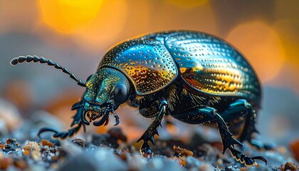 Fototapeta premium A close-up macro shot of a metallic iridescent beetle reveals details of its shell.