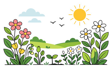 Obraz premium Wide Spring Landscape Illustration Showing Floral Bloom Greenery Seasonal Renewal And Natural Harmony