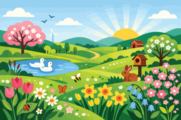 Fototapeta premium Fresh Spring Season Illustration With Blooming Flowers Green Leaves Soft Nature Growth And Renewal Concept