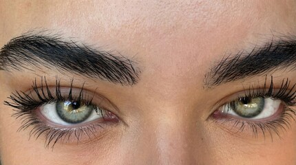 Obraz premium Ultra realistic photorealistic close up of female green gray eyes with long eyelashes and natural thick eyebrows 
