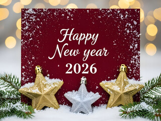 Festive "Happy New Year 2026" Message Board with Gold and Silver Star Ornaments,Christmas Pine Branches and Snow, Holiday Celebration Background.A festive Christmas scene,Happy new year,merry cristmas