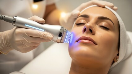 Woman receiving facial treatment with light therapy device