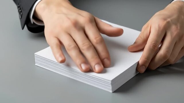 Close-Up Shot Of Professional Hands Quickly Sorting A Stack Of Blank White A4 Papers