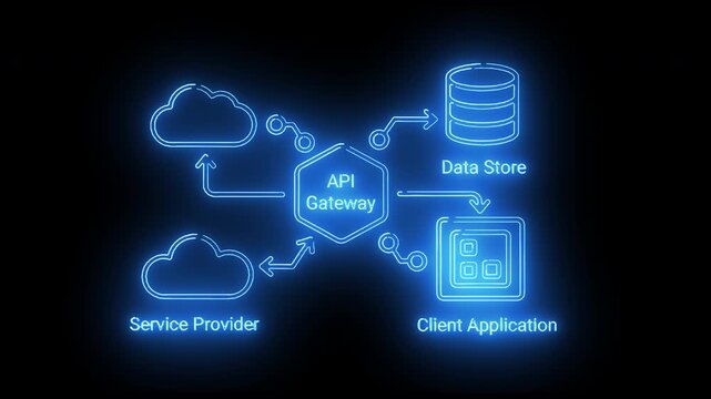 Neon-lit API gateway diagram with glowing blue lines and icons on a black background, illustrating data flow between service provider, client application, and data store.