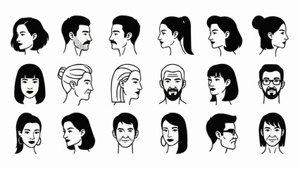 Collection of Diverse Hand Drawn Human Faces in Profile and Frontal Views.