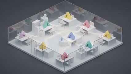 Modern office space design with personalized work pods and shared meeting areas, creating a collaborative and flexible work environment