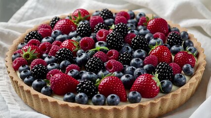 fresh berry tart closeup: vibrant fruit dessert with flaky crust | food, baking, dessert, still life, recipe theme