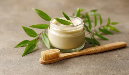 Natural toothpaste in a glass jar with a bamboo toothbrush and fresh leaves