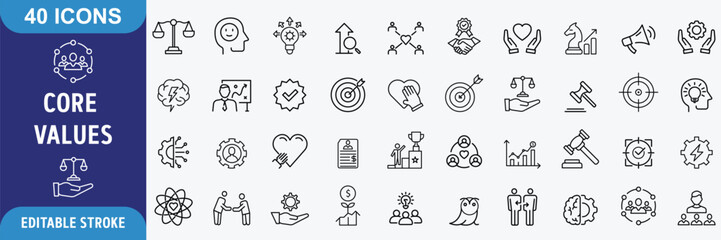 Core Values icon set. Containing core values, innovation, quality, integrity, responsibility, teamwork, reliability, honesty. Outline Icon Collection. Editable stroke. Vector illustration