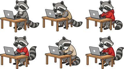 Cute raccoon working on laptop cartoon illustration set, anthropomorphic animal office character design for business and remote work concepts © MstRuna