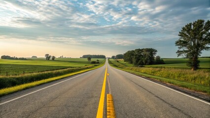Fototapeta premium Serene Open Road Through Lush Green Fields Under a Soft Blue Sky with Wispy Clouds
