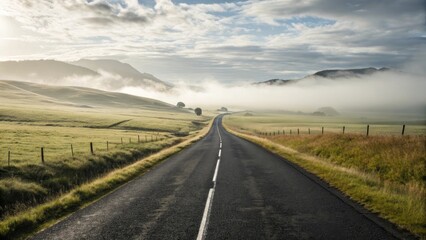Fototapeta premium Serene Road Through Misty Landscape Under Dramatic Sky at Dawn or Dusk in Beautiful Nature