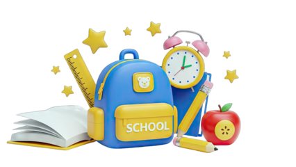 School Supplies Composition with Backpack, Apple, and Clock