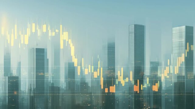 昼の都市に広がる金融チャート表示と高層ビル群