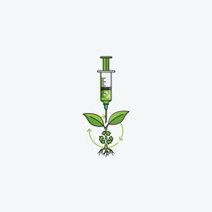 Syringe injecting green liquid into plant with recycle symbol isolated on white background