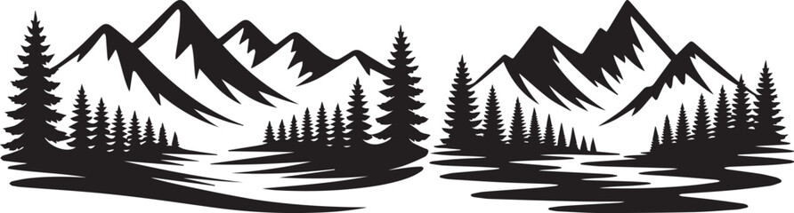 Black mountain and pine forest illustration showing calm nature scenery in minimal style