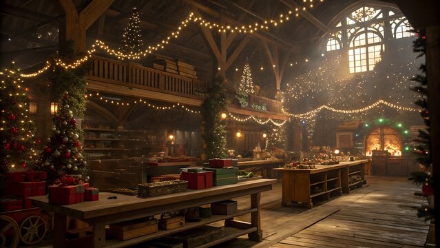Magical Santa workshop interior, glowing lights, cinematic wide-angle, fantasy realism, 8K