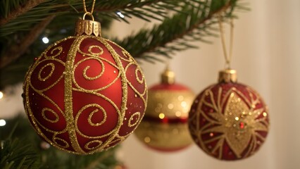Red and gold Christmas baubles hanging on tree, macro 100mm, sparkling highlights, 8K ultra-detailed