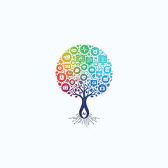Colorful tree of technology icons isolated on white background