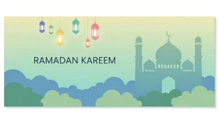 Ramadan Kareem Greeting with Mosque Silhouette and Lanterns.