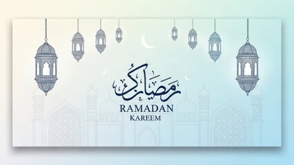 Ramadan Kareem Islamic Arabic Calligraphy with Lanterns and Gradient Background.