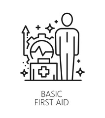 Basic first aid life skills line icon or emblem. Personality potential lineart vector pictogram, Human qualities linear icon. First medical aid skills outline symbol with person and emergency kit