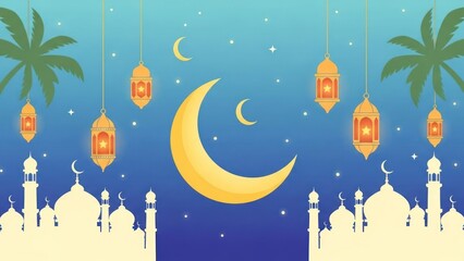 Ramadan Kareem Islamic Celebration with Crescent Moon and Mosques.