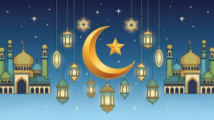 Ramadan Kareem Islamic Crescent Moon and Lanterns with Mosques.