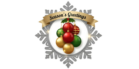 Elegant Christmas Ornaments Snowflake Badge Icon - Season's Greetings Vintage Ribbon Design - Colorful Baubles Transparent PNG Holiday Icon"