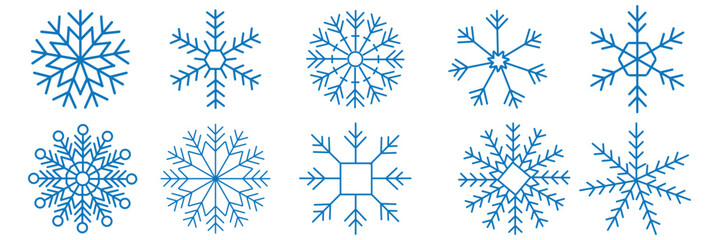 Snowflake variations icon collection. Snowflakes white ice crystal on blue background. Winter symbol. Christmas logo sign. Vector illustration. EPS 10.