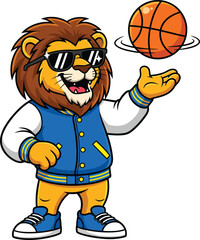 Cool cartoon lion mascot in a blue varsity jacket and sunglasses spinning a basketball.