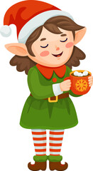 Christmas holiday elf girl cartoon fairy cheerful character. Santa Claus girl helper cute character, Xmas celebration fairytale cheerful vector mascot. Merry Christmas elf personage drinking hot cocoa