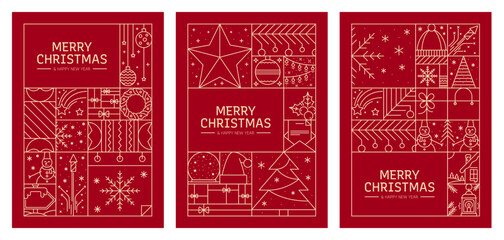 Merry Christmas and Happy New Year line posters with Xmas decorations. Vector Christmas holiday gifts and snowflakes, Xmas tree, lights and ornaments red white line pattern background posters set