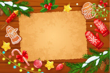 Obraz premium Christmas old scroll parchment with winter Xmas holiday decorations and sweets, vector greeting card. Christmas scroll or blank parchment letter with gingerbread cookies, holly Xmas baubles frame