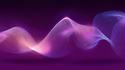 Abstract Wavy Data Stream of Dotted Purple Particles with Glowing Highlights on a Deep Violet Gradient Background