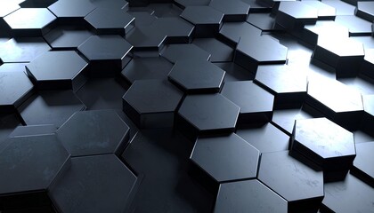 A dark abstract surface made of hexagonal shapes creating depth and texture, ideal for modern design, technology themes, and minimalist backgrounds.