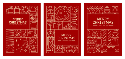 Obraz premium Merry Christmas and Happy New Year line posters with decorations and ornaments. Modern vector posters featuring a snowman, wreath, candle, angel, snowflakes, star, hot tea, mittens, holly, gifts