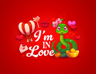 Fototapeta premium Happy Valentine Day quote I am in love with funny snake, vector greeting card. Cartoon snake in love with hearts in eyes, hot air balloon and kiss lips or love message envelope letter and lollipop