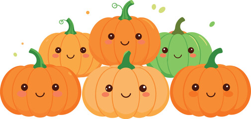 Cute Smiling Pumpkins Cartoon Set with Happy Autumn Characters Illustration