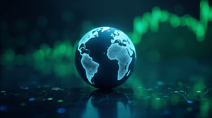 Digital glowing earth globe in dark environment with abstract green financial data graph background