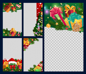 Obraz premium Winter holidays and Christmas photo frames, media post templates with gift, garland, and poinsettia decorations. Vector festive borders with candy canes, bells, and fir branches for holiday selfies