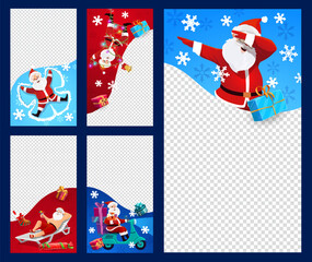 Obraz premium Christmas banners, photo frames and xmas holiday social media post templates. Vector cartoon vertical blank borders with playful Santa, snowflakes and gifts. Winter festive seasonal backgrounds set