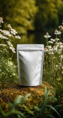 Silver pouch on mossy rock, surrounded by wildflowers