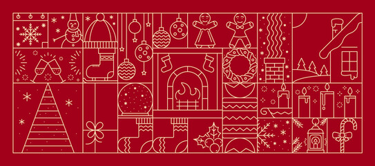 Fototapeta premium Christmas holiday line background with xmas ornament. Vector festive decorative pattern with outline fireplace, wreath, stockings, candles and snowflakes, tree, gifts and seasonal winter landscape