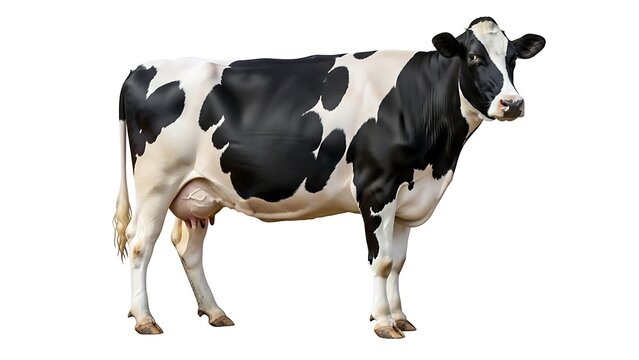 Detailed Portrait of a Black and White Holstein Cow Standing Still, Ideal for Dairy Farming, Meat, or Livestock Production Assets Isolated on Pure White Background